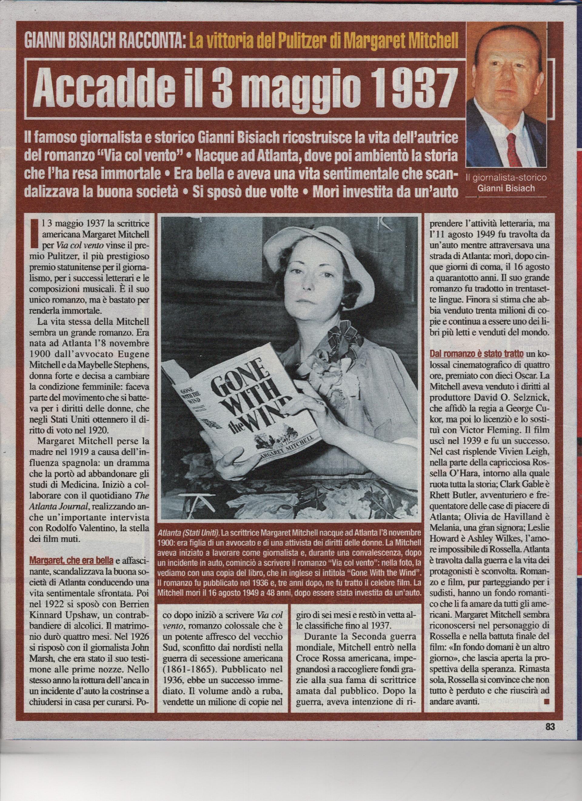 Margaret Mitchell vince il Premio Pulitzer con il romanzo "Via col vento"