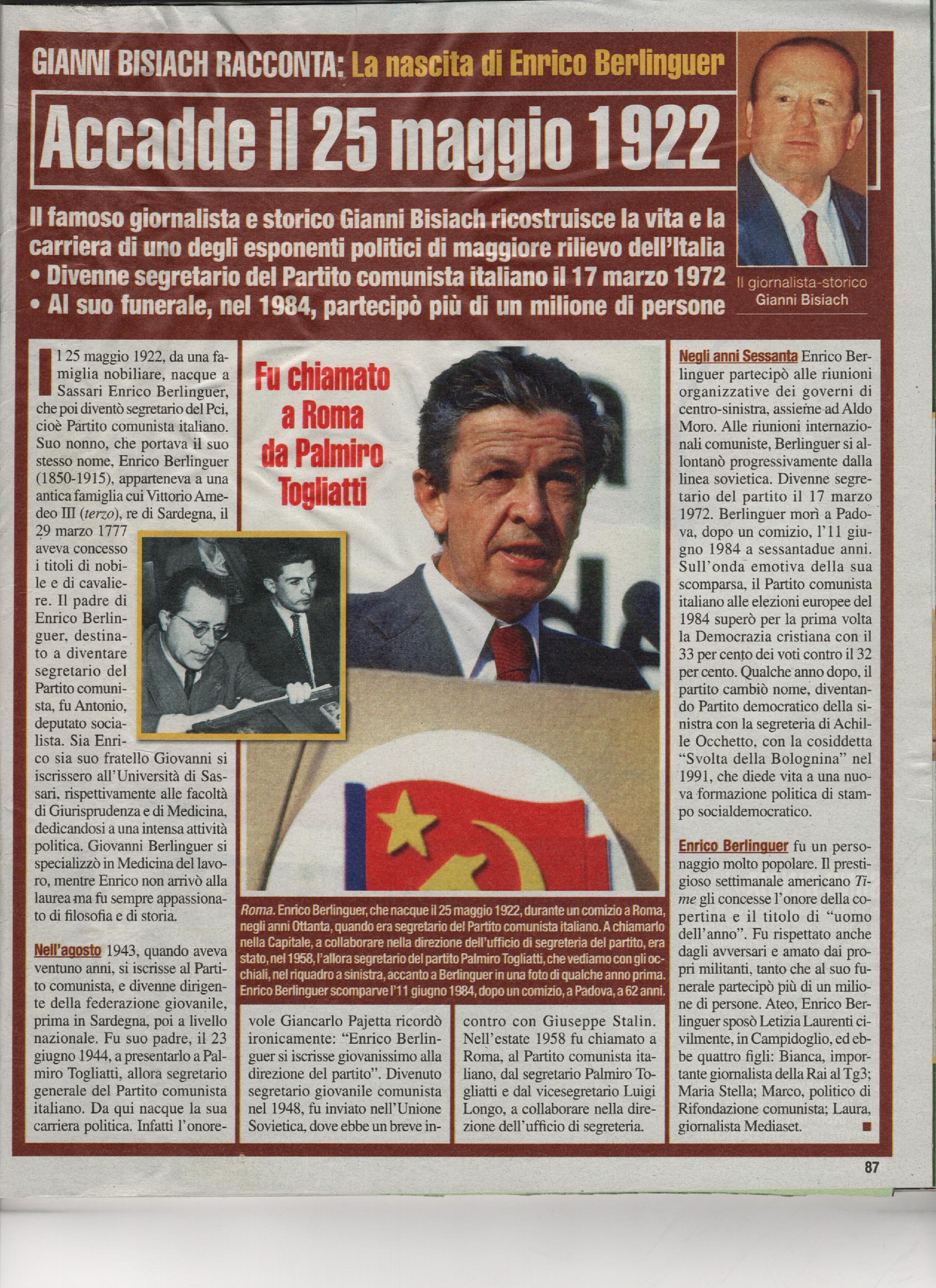 Nasce a Sassari Enrico Berlinguer, futuro segretario del P.C.I.