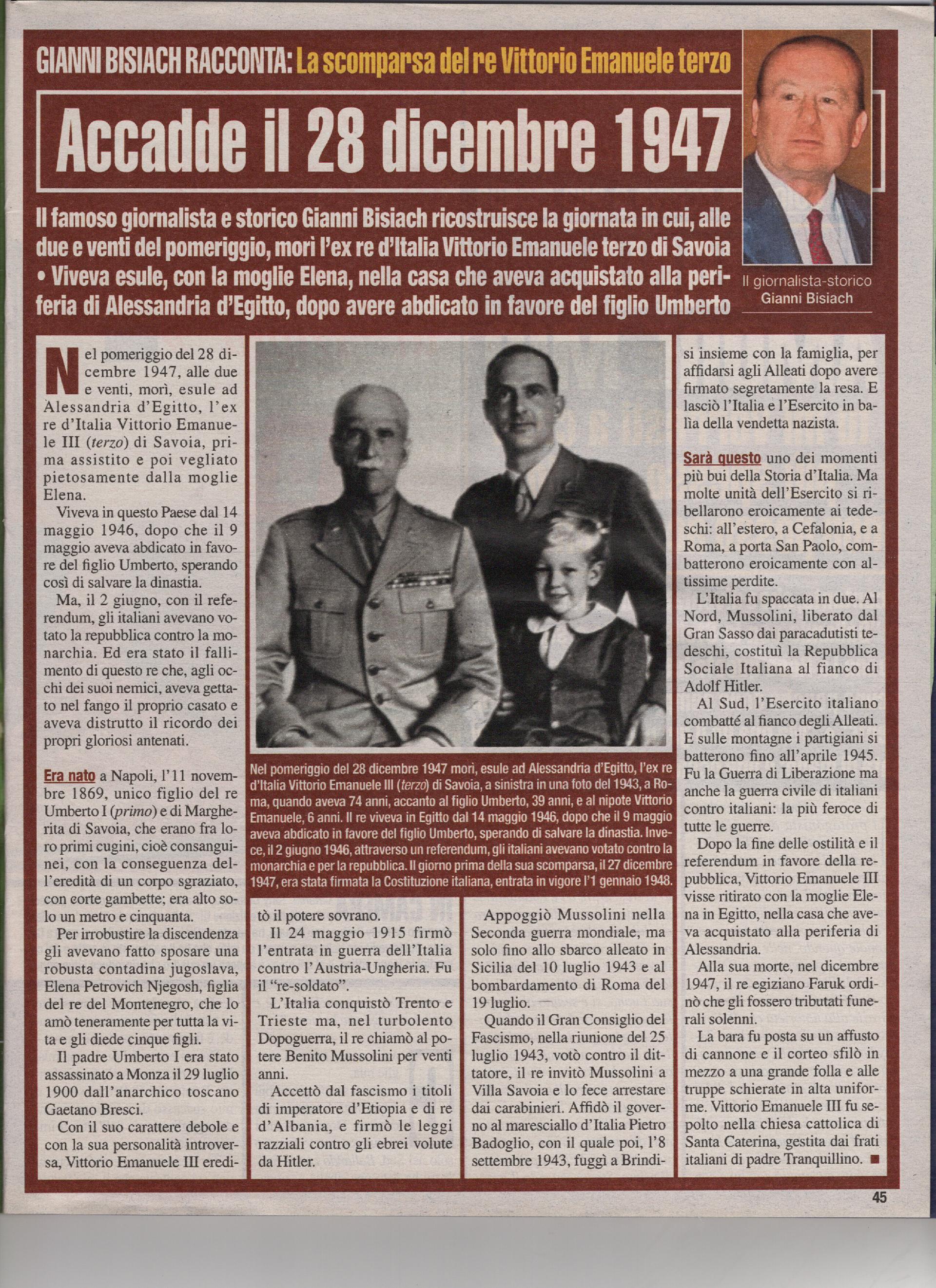 La scomparsa del re Vittorio Emanuele terzo