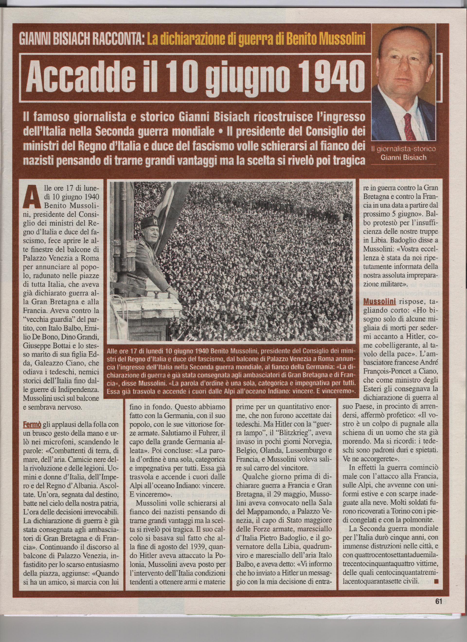 La dichiarazione di guerra di Benito Mussolini