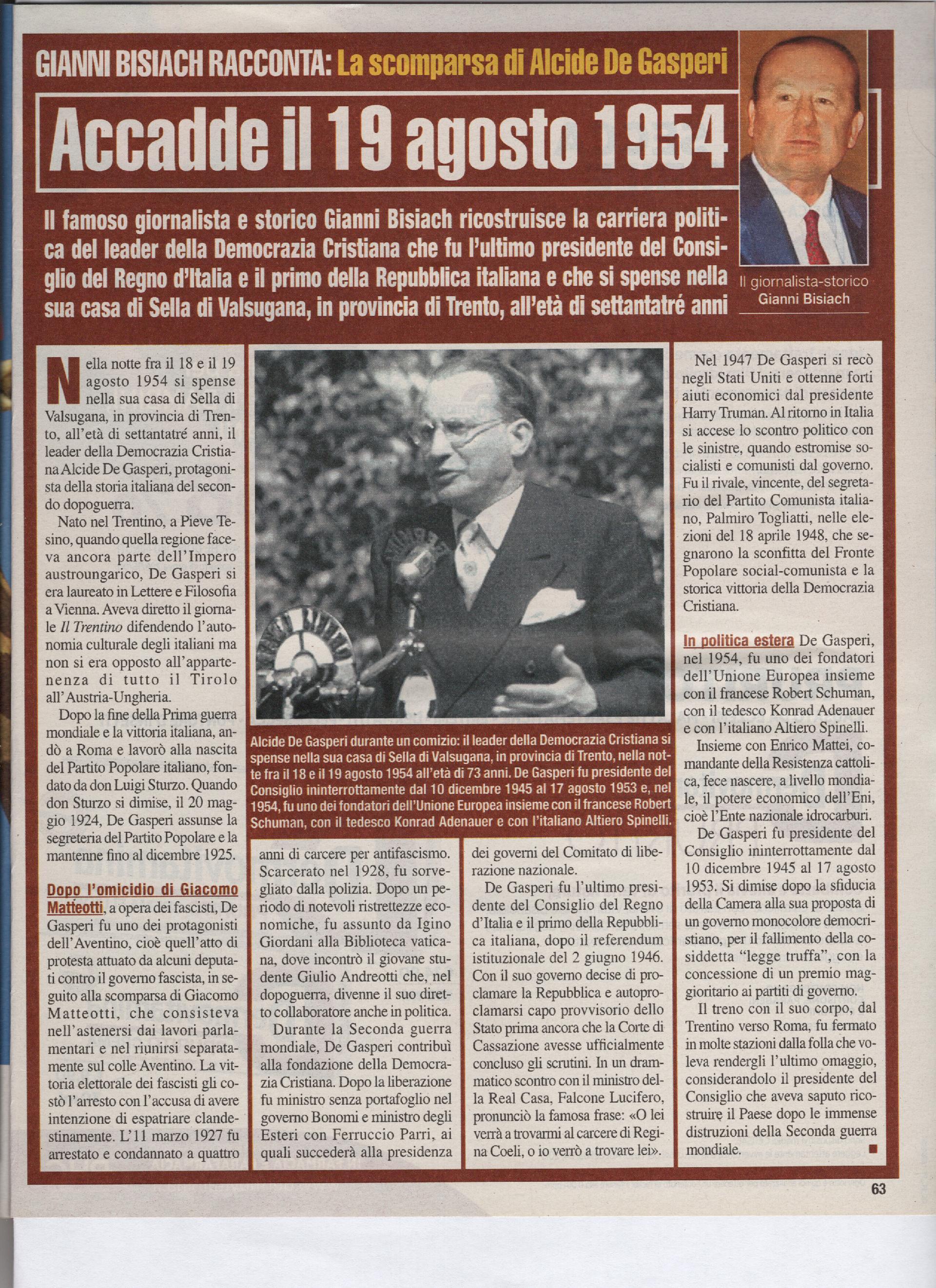 La scomparsa di Alcide De Gasperi