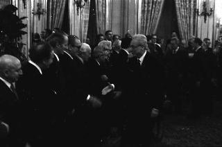 Il Presidente della Repubblica Francesco Cossiga interviene alla cerimonia di Giuramento del nuovo giudice costituzionale Gabriele Pescatore