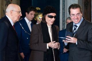 Il Presidente Giorgio Napolitano e la Signora Rosetta Petrassi con il M° Marco Quagliarini, vincitore della Borsa di Studio in memoria del Maestro Goffredo Petrassi