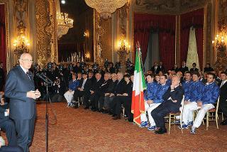 Il Presidente Giorgio Napolitano durante il suo intervento in occasione dell'incontro con una rappresentanza di atleti italiani Olimpici e Paralimpici in partenza per Vancouver
