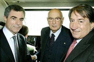 Il Presidente Giorgio Napolitano in cabina dell'Eurostar con il Presidente e l'Amministratore Delegato, Innocenzo Cipolletta e Mauro Moretti