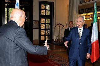 Il Presidente Giorgio Napolitano con Shimon Peres, Presidente dello Stato d'Israele, in occasione della visita ufficiale nello Stato d'Israele e nei Territori dell'Autonomia Palestinese