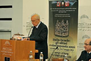 Il Presidente Giorgio Napolitano rivolge il suo indirizzo di saluto ai presenti dell'Istituto Van Leer in occasione dell'apertura della Conferenza &quot;Italia-Israele: gli ultimi 150 anni&quot;