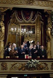 Il Presidente Giorgio Napolitano con la moglie Clio al Teatro alla Scala in occasione del concerto per il 50° anniversario della morte di Arturo Toscanini