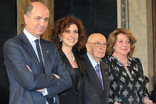 Il Presidente Giorgio Napolitano con Corrado Passera, Luisa Todini e Diana Bracco, in occasione della cerimonia per la &quot;Giornata della Qualità Italia&quot;