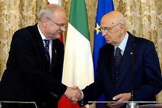 Il Presidente Giorgio Napolitano con Ivan Gasparovic, Presidente della Repubblica Slovacca, al termine delle dichiarazioni alla stampa
