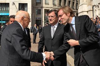 Il Presidente Giorgio Napolitano accolto dal Presidente della Borsa S.p.A., Massimo Tononi, in occasione della presentazione della Relazione per l'anno 2011 della Consob