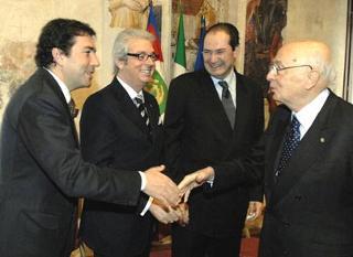 Il Presidente Giorgio Napolitano al suo arrivo al convegno del mondo imprenditoriale del Nord-Est. Accanto al Presidente Napolitano, il Presidente della Regione Giancarlo Galan