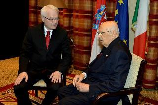 Il Presidente Giorgio Napolitano con il Presidente della Repubblica di Croazia Ivo Josipovic durante i colloqui in occasione delle celebrazioni per l'adesione della Repubblica di Croazia all'Unione Europea