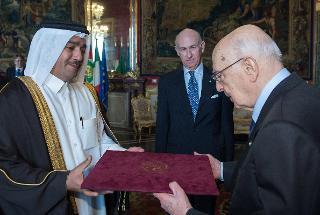 Il Presidente Giorgio Napolitano con S.El. Abdulla Bin Eid Salman Al Sulaiti, nuovo Ambasciatore dello Stato del Qatar, in occasione della presentazione delle Lettere Credenziali