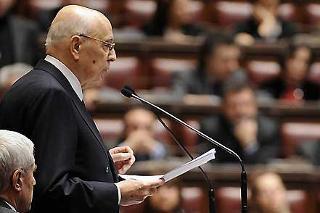 Il Presidente Giorgio Napolitano durante il suo intervento alla Camera, in Seduta comune del Parlamento, per la celebrazione del 60° anniversario della Costituzione