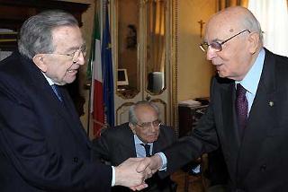Il Presidente Giorgio Napolitano con i Senatori a Vita Giulio Andreotti ed Emilio Colombo per il 60° anniversario della Costituzione