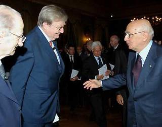 Il Presidente Giorgio Napolitano con Giovanni Conso, Presidente dell'Accademia Nazionale dei Lincei e Carlo Rubbia, Premio Nobel, in occasione dell'Adunanza solenne dell'Accademia Nazionale dei Lincei.