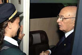 Il Presidente della Repubblica Giorgio Napolitano a bordo del treno &quot;Eurostar&quot;, per Firenze
