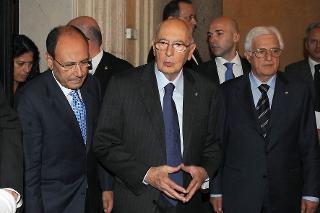 Il Presidente Giorgio Napolitano con il Presidente del Senato Renato Giuseppe Schifani al termine della cerimonia inaugurale delle Celebrazioni del Centenario della nascita di Leo Valiani.