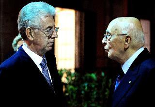 Il Presidente Giorgio Napolitano con il Prof. Mario Monti al termine della prima giornata di lavori del Vertice Informale Multilaterale dei Capi di Stato &quot;Uniti per l'Europa&quot;