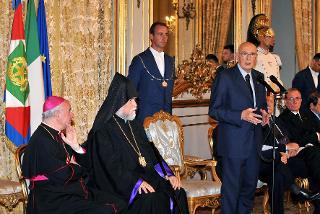 Il Presidente Giorgio Napolitano durante il suo intervento in occasione dell'incontro con i partecipanti al IV Summit dei Leaders Religiosi in occasione del G8