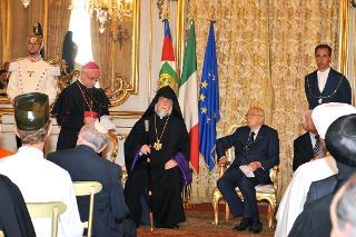 Un momento della cerimonia con i partecipanti al IV Summit dei Leaders Religiosi in occasione del G8 alla presenza del Capo dello Stato