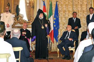 Il Presidente Giorgio Napolitano durante l'incontro con i partecipanti al IV Summit dei Leaders Religiosi in occasione del G8