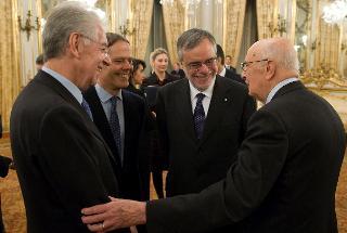 Il Presidente Giorgio Napolitano con il Presidente del Consiglio Mario Monti, Enzo Moavero Milanesi e Andrea Riccardi rispettivamente Ministro degli Affari Europei e Ministro per la Cooperazione internazionale