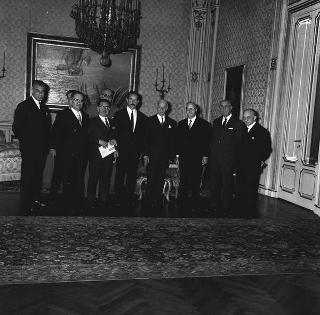Vittorio Del Vecchio, Presidente del Comitato organizzatore del IV Congresso internazionale di igiene e medicina scolastica ed universitaria, con i componenti del comitato organizzatore in visita di omaggio al Presidente della Repubblica Antonio Segni