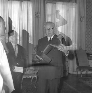 Il Presidente della Repubblica Giuseppe Saragat riceve in visita di omaggio Dino Moro, Presidente della Cooperativa gondolieri di Venezia, con una rappresentanza di gondolieri, per ringraziare della simpatia dimostrata dal Presidente durante la visita a Venezia