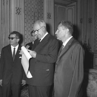 Il Presidente della Repubblica Giuseppe Saragat riceve il sen. Luigi Mariotti, Ministro della sanità, con il Presidente ed i dirigenti dell'Unione nazionale vigili sanitari d'Italia, per consegna all'Unione della Medaglia d'oro al merito della sanità pubblica