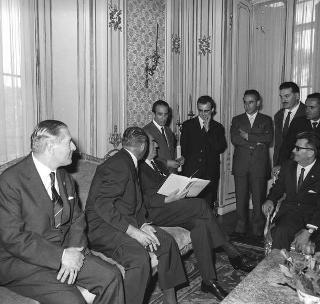 Il Presidente della Repubblica Giuseppe Saragat riceve il sen. Luigi Mariotti, Ministro della sanità, con il Presidente ed i dirigenti dell'Unione nazionale vigili sanitari d'Italia, per consegna all'Unione della Medaglia d'oro al merito della sanità pubblica
