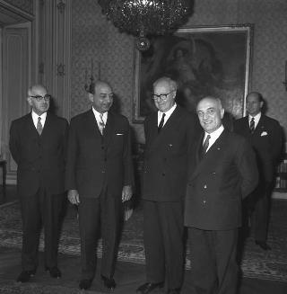 Il Presidente della Repubblica Giuseppe Saragat  con Mahmud Riad, Ministro degli esteri della RAU, e l'on. Amintore Fanfani, Ministro degli esteri
