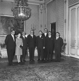 Il Presidente della Repubblica Giuseppe Saragat riceve in udienza Cesare Bionaz, Presidente della Giunta regionale della Valle d'Aosta e Giuseppe Montesano, Presidente del Consiglio regionale