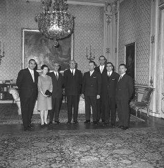 Il Presidente della Repubblica Giuseppe Saragat riceve in udienza Cesare Bionaz, Presidente della Giunta regionale della Valle d'Aosta e Giuseppe Montesano, Presidente del Consiglio regionale