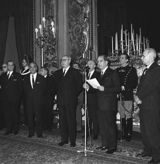 Il Presidente della Repubblica Giuseppe Saragat riceve in udienza IL Sen. Giovanni Spagnolli, Ministro delle poste e telecomunicazioni, con i partecipanti alla V sessione della Conferenza europea delle Amministrazioni delle poste e telecomunicazioni