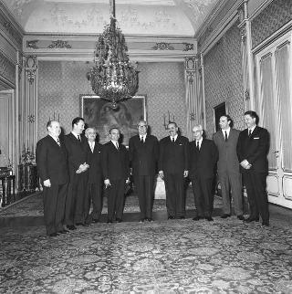 Il Presidente della Repubblica Giuseppe Saragat incontra Gilberto Bernabei, Presidente dell'Ente nazionale gente dell'aria, con il Comitato coordinatore del Convegno su "I problemi del lavoro nell'aviazione civile"