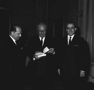 Il Presidente della Repubblica Giuseppe Saragat riceve in udienza Pier Luigi Zampetti, direttore dell'Istituto di scienze politiche dell'Università di Trieste, con il prof. Guido Gerin, segretario dell'Associazione italiana di dottrina dello Stato