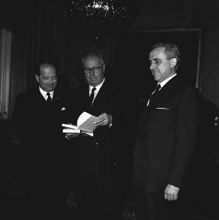 Il Presidente della Repubblica Giuseppe Saragat riceve in udienza Pier Luigi Zampetti, direttore dell'Istituto di scienze politiche dell'Università di Trieste, con il prof. Guido Gerin, segretario dell'Associazione italiana di dottrina dello Stato