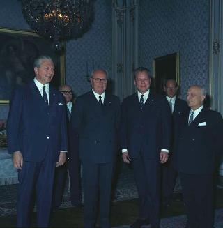 Incontro del Presidente della Repubblica Giuseppe Saragat con Kurt Georg Kiesinger, Cancelliere Federale della Repubblica di Germania, con Willy Brandt, Ministro degli esteri tedesco, e Amintore Fanfani, Ministro degli esteri