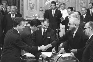 Il Presidente della Repubblica Giuseppe Saragat  durante la cerimonia di Giuramento dei ministri del II Governo Rumor