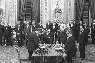 Il Presidente della Repubblica Giuseppe Saragat  durante la cerimonia di Giuramento dei ministri del II Governo Rumor