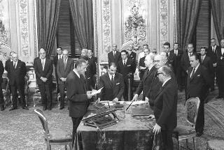 Il Presidente della Repubblica Giuseppe Saragat  durante la cerimonia di Giuramento dei ministri del II Governo Rumor