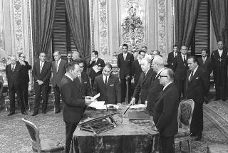 Il Presidente della Repubblica Giuseppe Saragat  durante la cerimonia di Giuramento dei ministri del II Governo Rumor