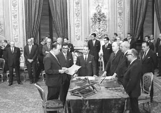 Il Presidente della Repubblica Giuseppe Saragat  durante la cerimonia di Giuramento dei ministri del II Governo Rumor