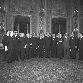 Il Presidente della Repubblica Giuseppe Saragat  durante la cerimonia di Giuramento dei ministri del II Governo Rumor