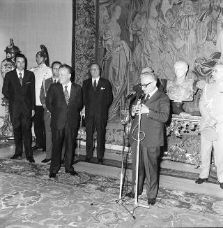Il Presidente della Repubblica Giovanni Leone durante la visita delle Delegazioni partecipanti al Convegno dei Comitati permanenti di contatto tra le Corti dei Conti dei Paesi membri delle Comunità Europee
