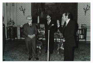 Il Presidente della Repubblica Giovanni Leone riceve in udienza Cesare Ruperto, Presidente dell'Unione magistrati italiani, con il Comitato di presidenza
