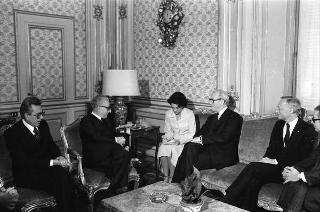 Il Presidente della Repubblica Giovanni Leone  durante il colloquio con il Ministro degli Affari Esteri di Danimarca e presidente di turno del Consiglio dei ministri della CEE, Knud Borge Andersen, presente l'on Arnaldo Forlani,  Ministro degli Affari Esteri