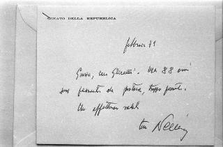 Compleanno di Pietro Nenni (regalo del Presidente della Repubblica e biglietto di ringraziamento di Nenni)